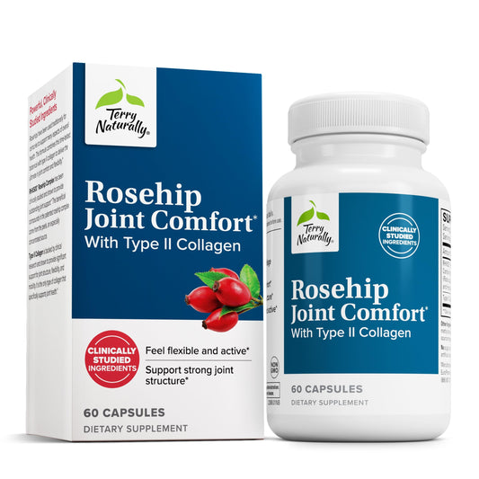 Terry Naturally Rosehip Joint Comfort bottle with 60 capsules on white background