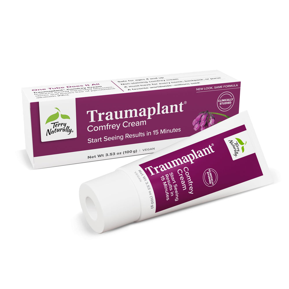 Terry Naturally Traumaplant Comfrey Cream tube close-up showing smooth texture