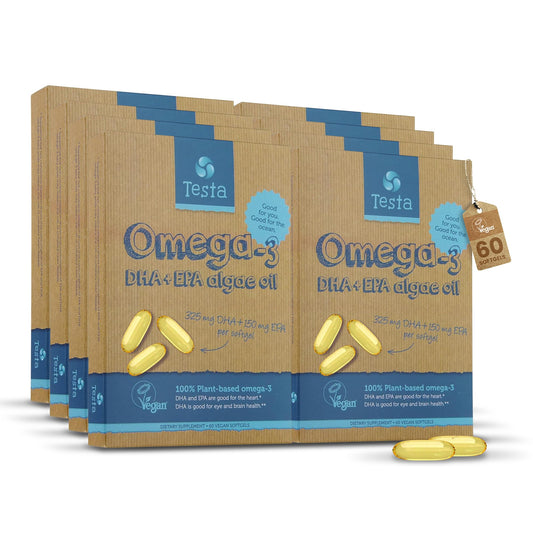 Testa Omega-3 algae oil bottle with 60 capsules in an 8-pack bundle