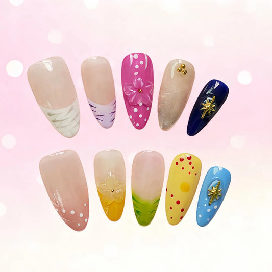 Tesytto almond press-on nails with French tip and 3D florals for chic at-home glam.