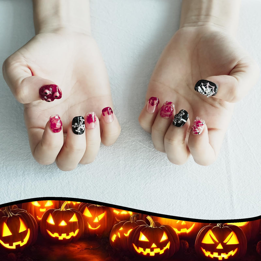 Tesytto Nightmare Before Christmas nails with blood-red drops for gothic flair.