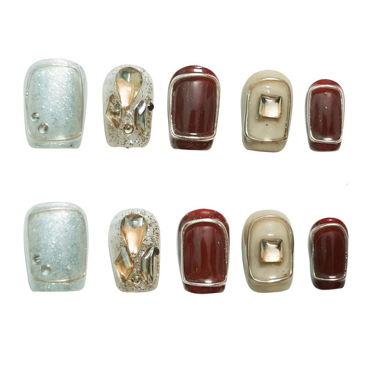 Tesytto burgundy silver glitter 3D nails for a bold evening look.