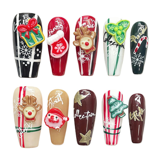Tesytto Christmas press-on nails with 3D elk Santa design for a festive manicure