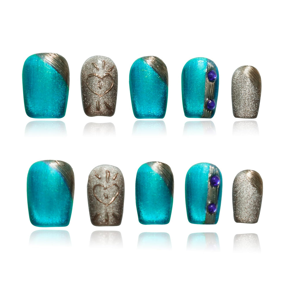 Tesytto luxury blue cat-eye nails shimmer for glamorous party looks