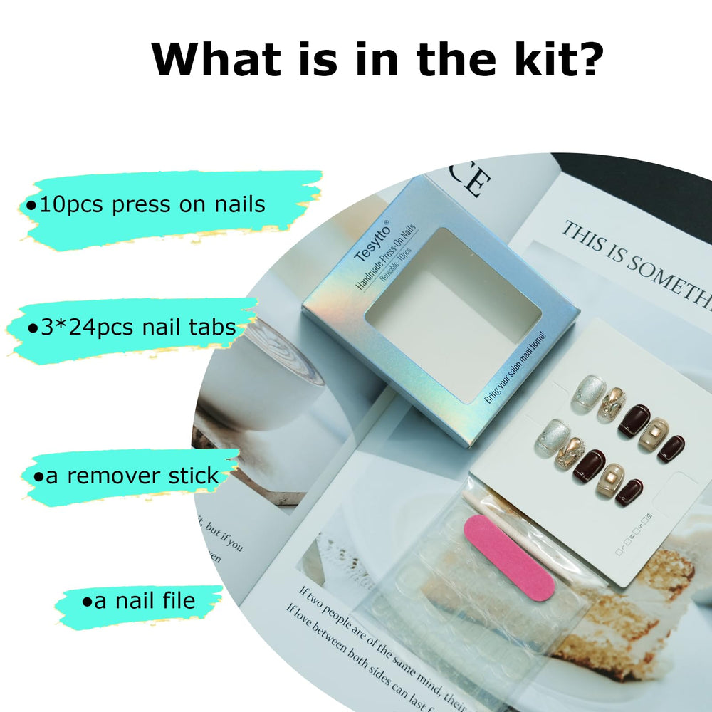 Tesytto packaging content nails with tabs and file for easy application.
