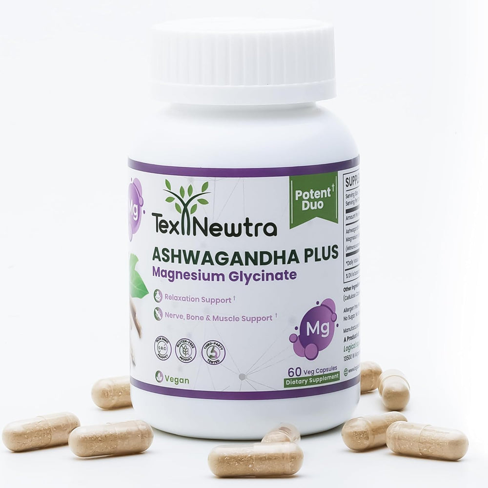 Tex Newtra Ashwagandha and Magnesium Glycinate supplement bottle – hero image