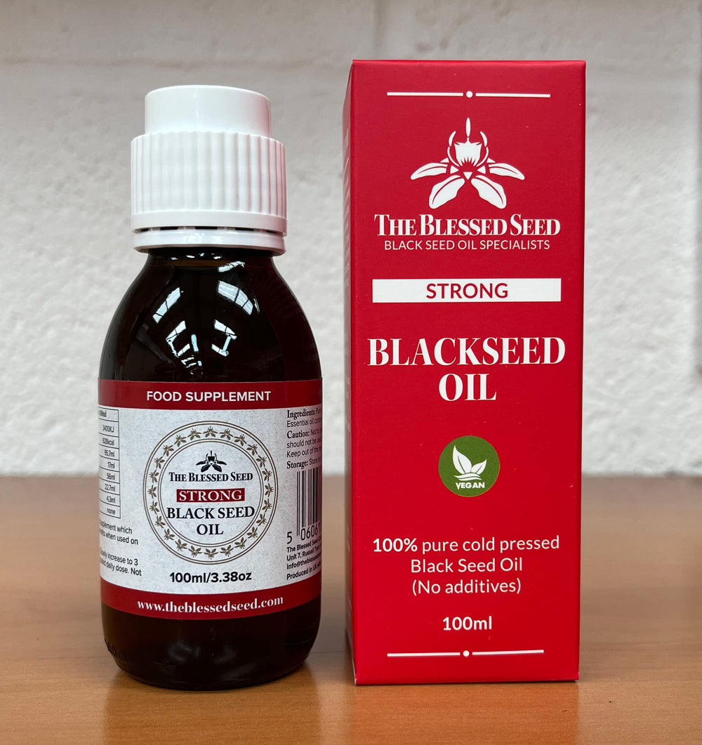Close-up label of The Blessed Seed Black Seed Oil 100ml