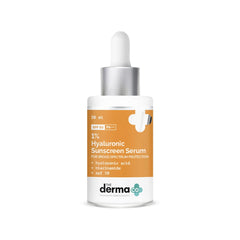 The Derma Co Hyaluronic Acid Sunscreen Serum bottle with SPF 50 protection.