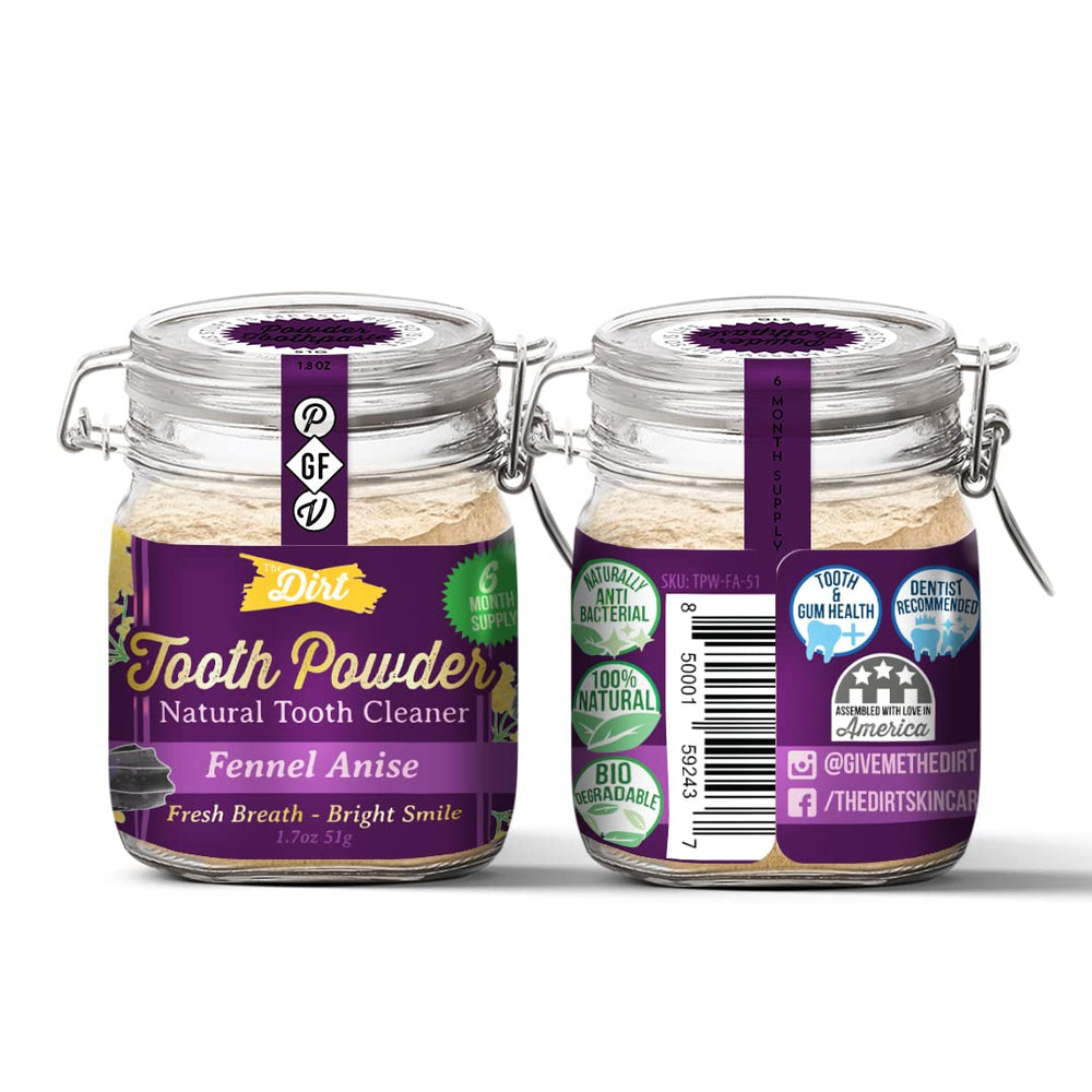 The Dirt tooth powder outer packaging for six month supply