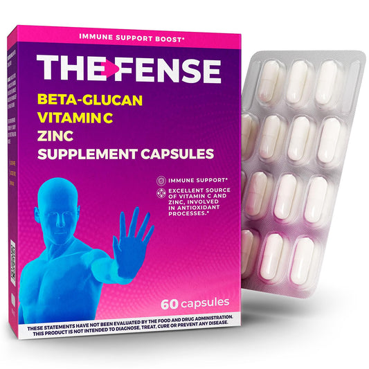 THE-FENSE bottle with label displaying Beta-Glucan, Vitamin C & Zinc - 60 capsules