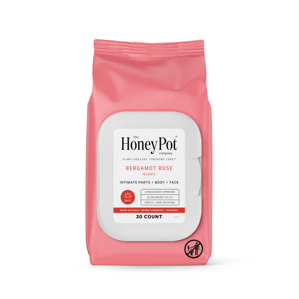 The Honey Pot Bergamot Rose wipes pack closeup for daily freshness