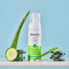 The Honey Pot Company ingredients closeup cucumber aloe, ideal for soothing sensitive skin.