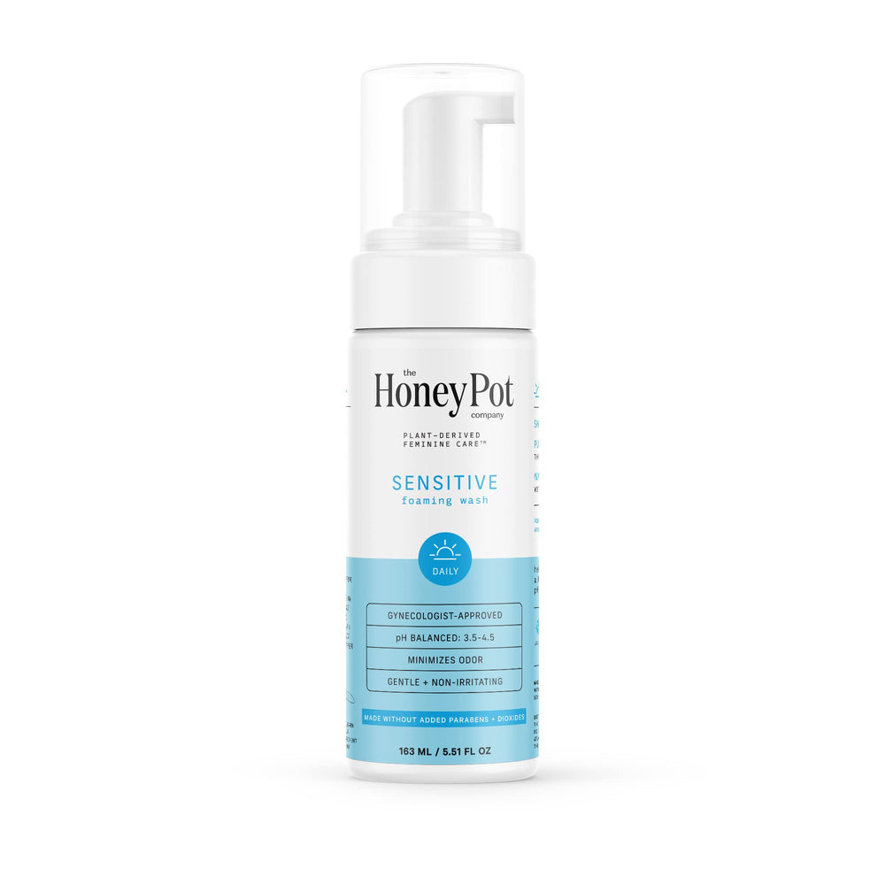 The Honey Pot Sensitive Feminine Wash pump bottle shows easy daily cleansing for delicate skin.