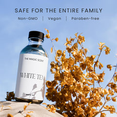 Close-up of The Magic Scent White Tea Diffuser Oil bottle showing label