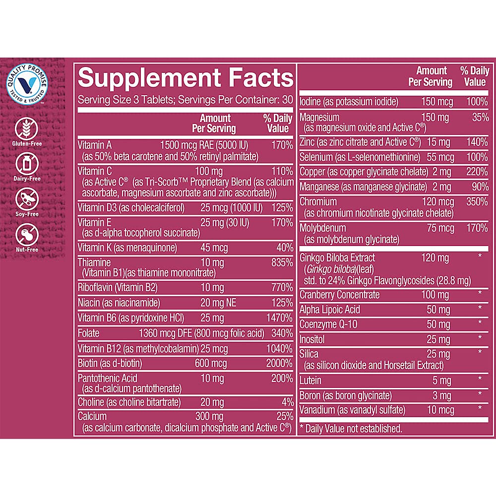 Back label detailing supplement facts for Ultimate Woman 50+ Multivitamin