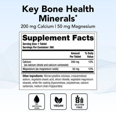 Close-up of a CalMag Thins tablet showing 200 mg calcium and 50 mg magnesium