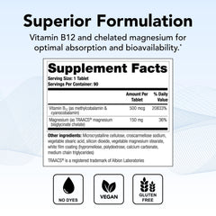 Label detail highlighting B12 vitamin and chelated magnesium