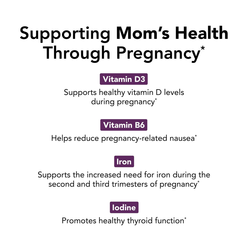 Key nutrients listed: DHA, Vitamin D3, Folate, Choline, Iodine, Iron