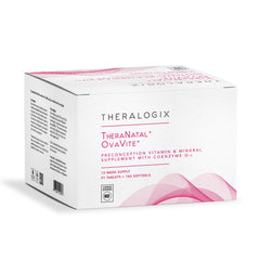 Theralogix TheraNatal OvaVite bottle pour highlighting daily servings for preconception support.