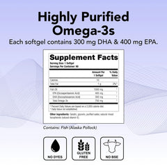 TherOmega glass bottle label showcases Alaska Pollock origin and purity.