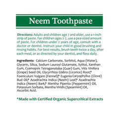 Back label of TheraNeem Neem Toothpaste with ingredients