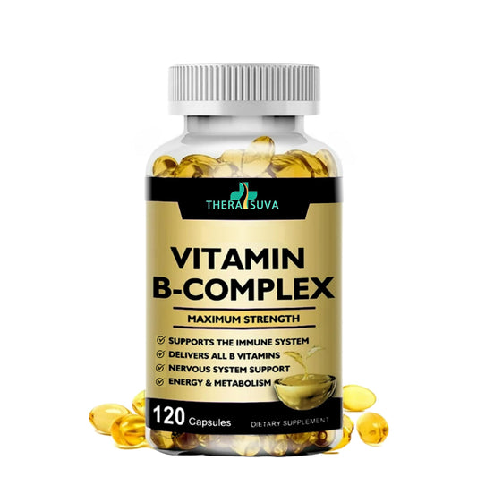 TheraSuva Vitamin B-Complex + CoQ10 + Vitamin C bottle and softgels on white background