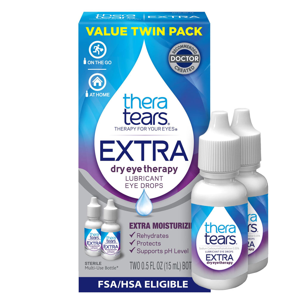 TheraTears Extra Dry Eye Drops bottle-front, twin pack, quick hydration for dry eye relief.
