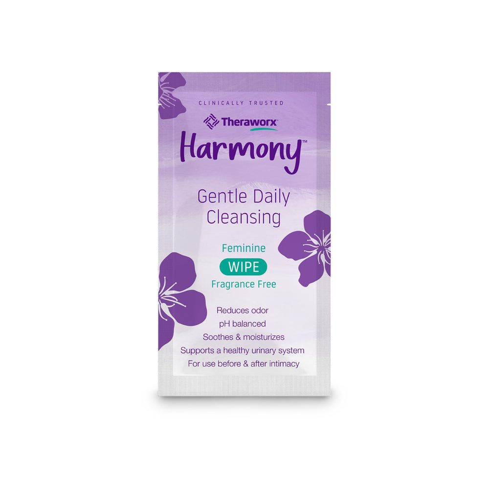 Theraworx Harmony daily-use wipes closeup with a pH-balanced formula