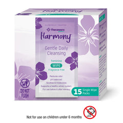 Theraworx Harmony pH-balanced wipes highlighting gentle cleansing for sensitive areas