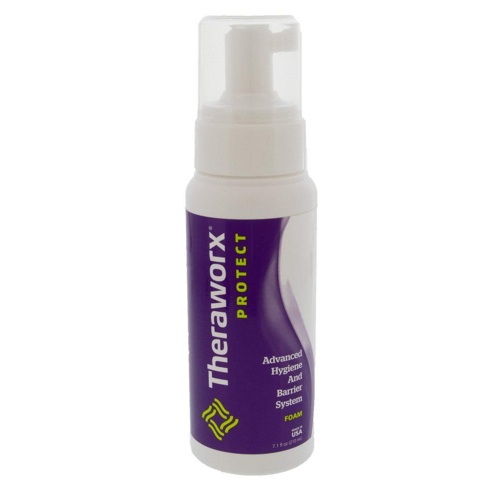 THERAWORX PROTECT advanced hygiene foam bottle on bathroom counter supports daily protection