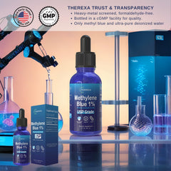 USP grade methylene blue bottle beside packaging