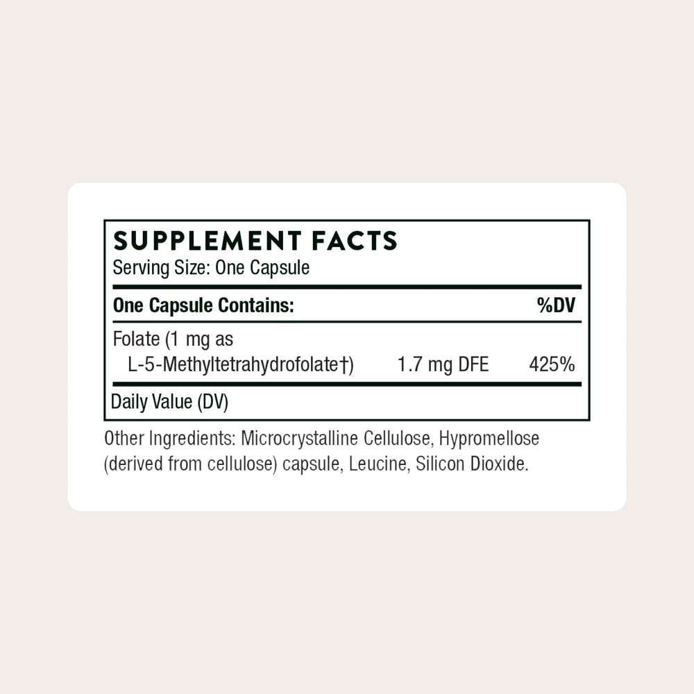 Close-up of THORNE 5-MTHF methylfolate label