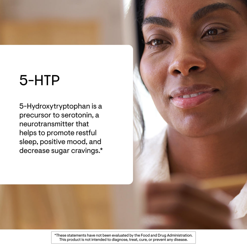 THORNE 5-HTP bottle on desk for a calm evening routine