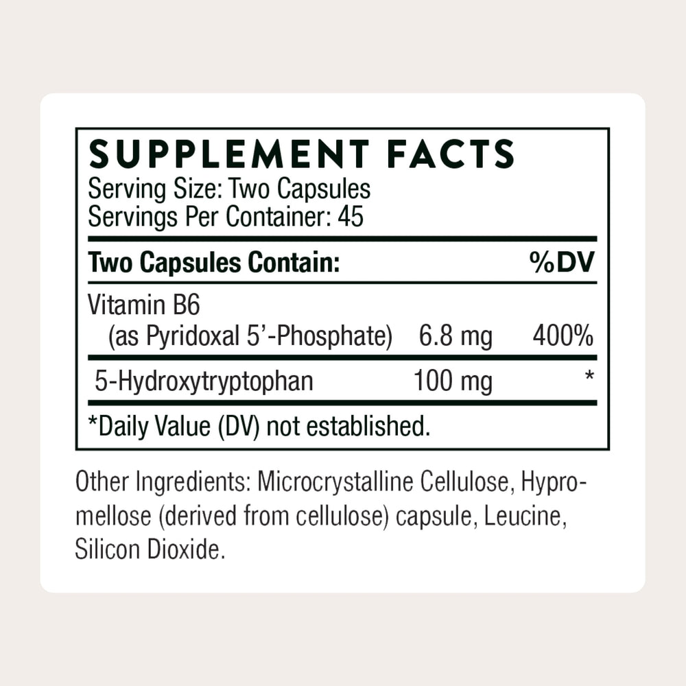 THORNE 5-HTP capsules pour illustrating easy daily use for stress management