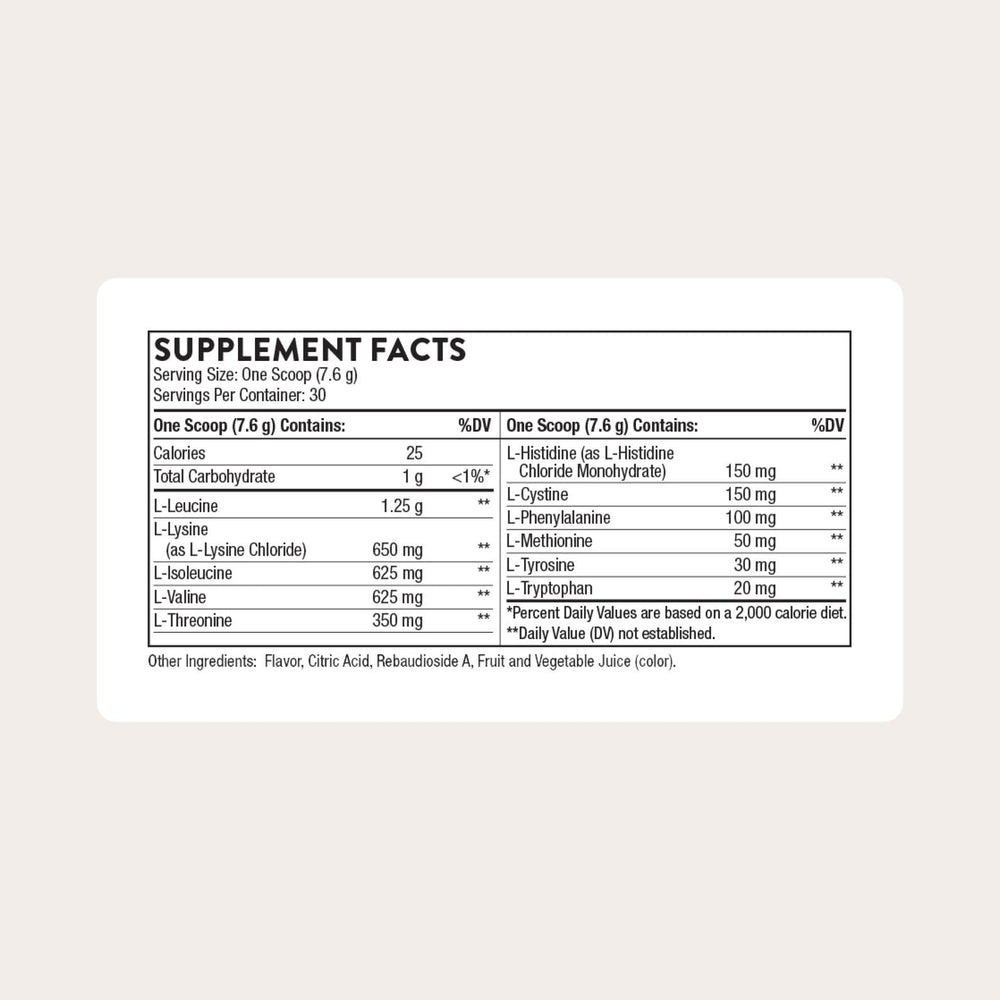 THORNE Amino Complex nutrition panel shows 9 essential amino acids and 2:1:1 BCAAs.