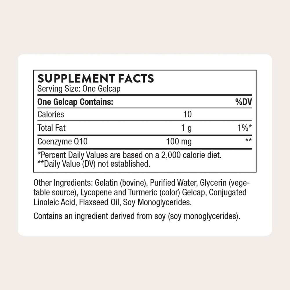 THORNE CoQ10 100mg bottle side with label highlighting ingredients and form