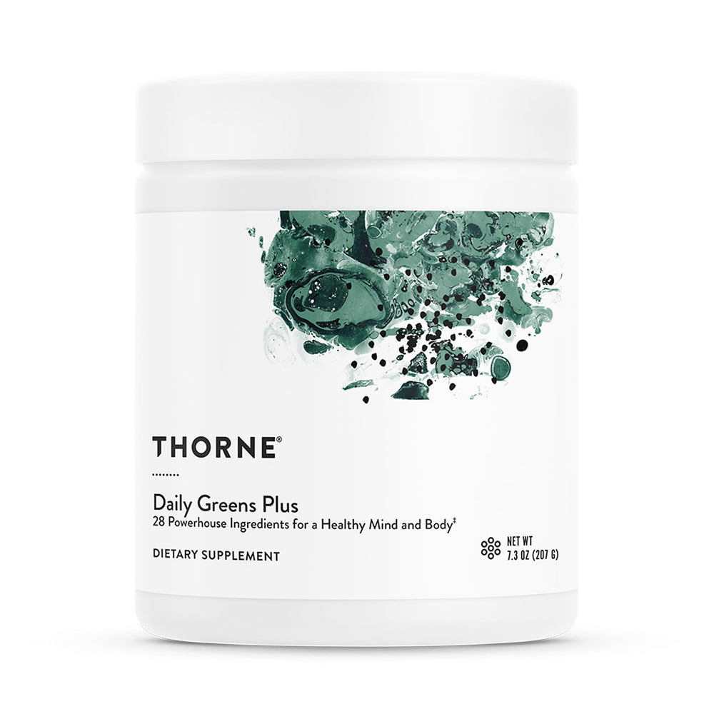 Thorne Daily Greens Plus bottle with refreshing mint flavor for daily nutrition.