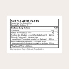 Close-up of EnteroMend label highlighting aloe, curcumin, and L-glutamine blend.