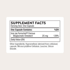 Close-up of THORNE Iron Bisglycinate 25 mg capsule