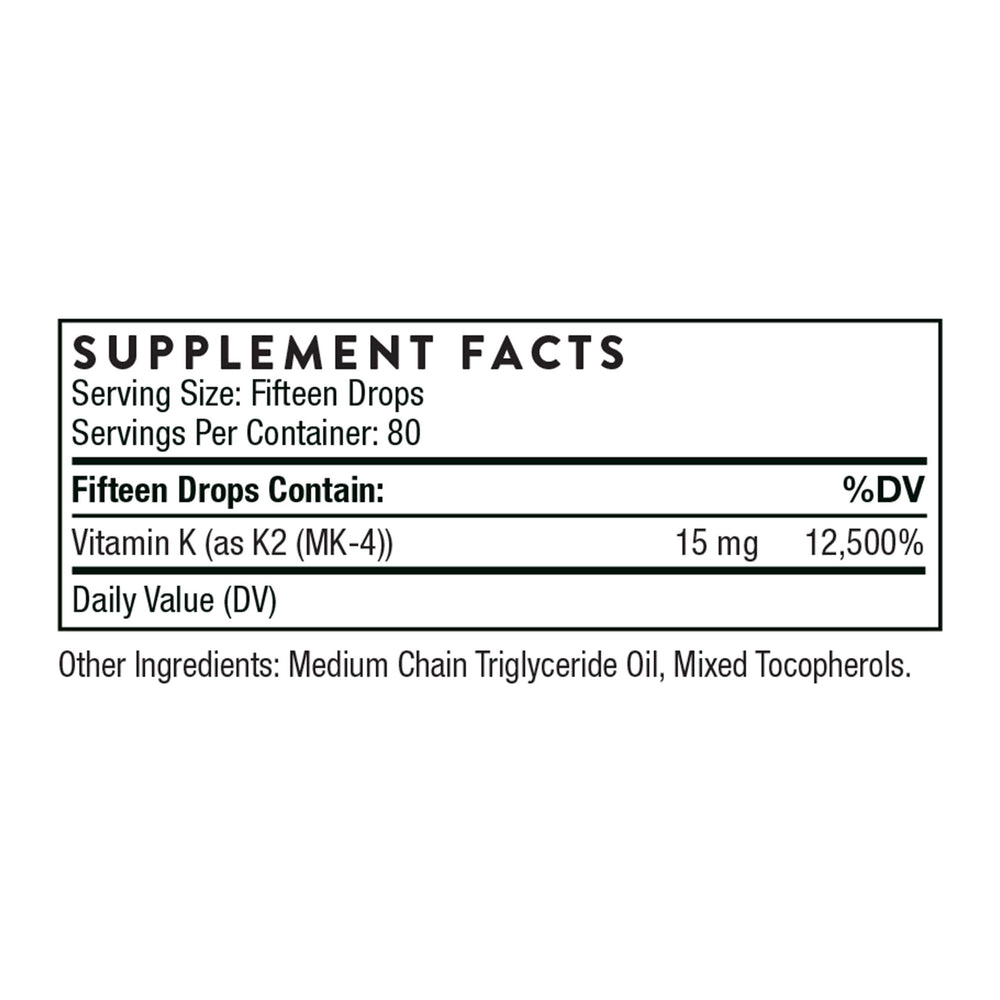 Self-dispensing dropper showing 1 mg vitamin K2 per drop