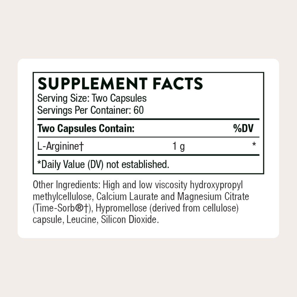 THORNE L-Arginine Sustained Release label close-up, highlighting transparent ingredients and servings.