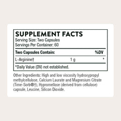 THORNE L-Arginine Sustained Release label close-up, highlighting transparent ingredients and servings.