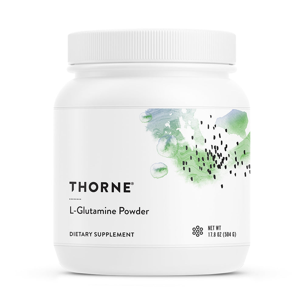THORNE L-Glutamine Powder bottle with scoop on a white background