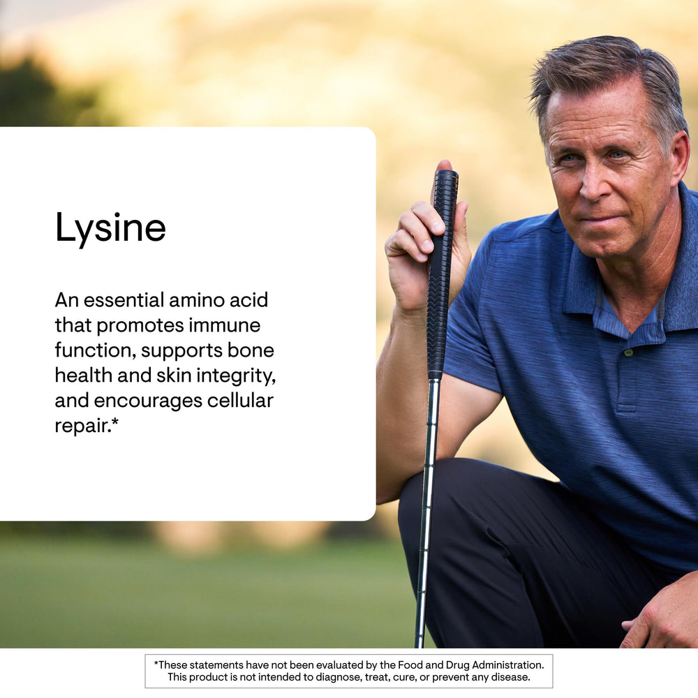 Lifestyle image of Lysine bottle on a kitchen counter