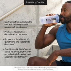 Third-party certification logos beside the THORNE Milk Thistle Phytosome label.