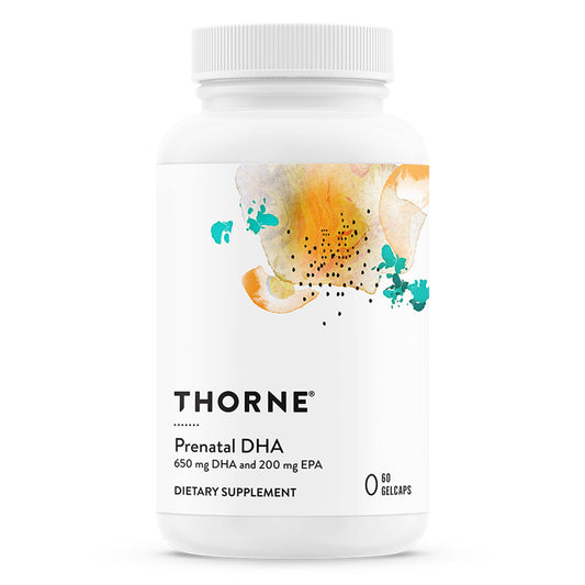 THORNE Prenatal DHA bottle with label showing 650 mg DHA and 200 mg EPA