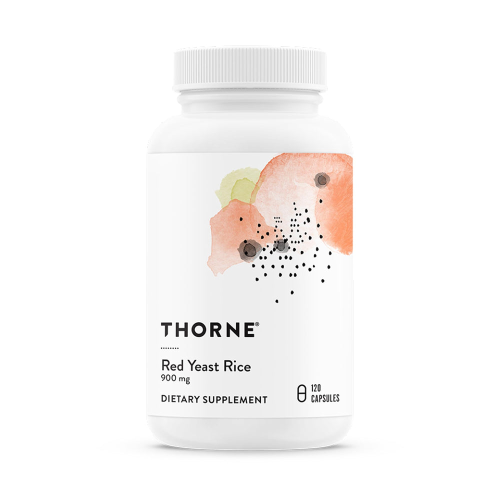 THORNE Red Yeast Rice 900mg bottle shown for daily cholesterol support