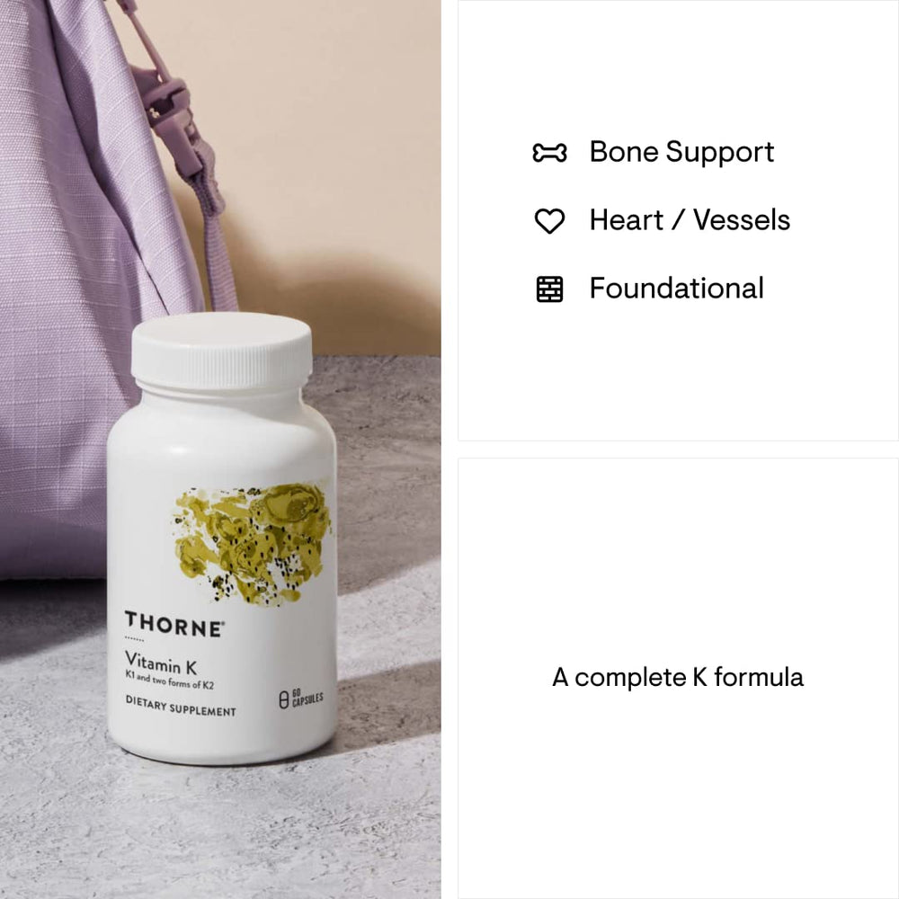 Certification and allergen-free icons on THORNE Vitamin K packaging