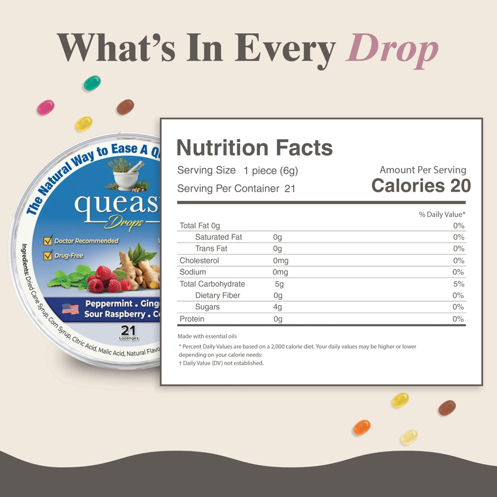 Three Lollies Queasy Drops flavors-peppermint image highlights peppermint flavor for soothing motion sickness.