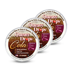 Three Lollies Queasy Drops Cola box front showing packaging for nausea relief